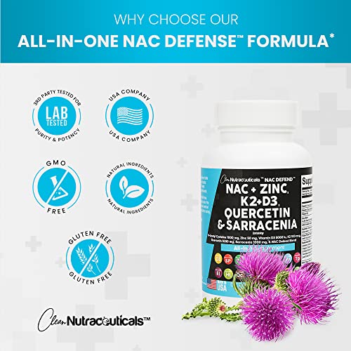 NAC Supplement N-Acetyl Cysteine 1000mg Vitamin D3 K2 Zinc Querce...
