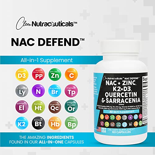 NAC Supplement N-Acetyl Cysteine 1000mg Vitamin D3 K2 Zinc Querce...