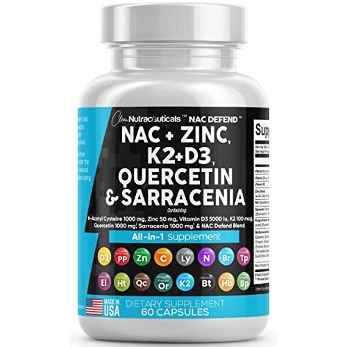 NAC Supplement N-Acetyl Cysteine 1000mg Vitamin D3 K2 Zinc Querce...