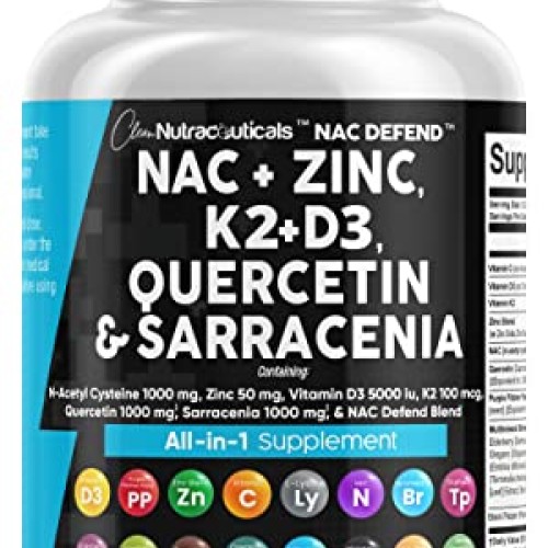 NAC Supplement N-Acetyl Cysteine 1000mg Vitamin D3 K2 Zinc Querce...