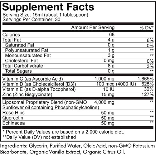 Codeage Liquid Vitamin C 1000mg, Vitamins D3, E & Zinc, Rose Hips...