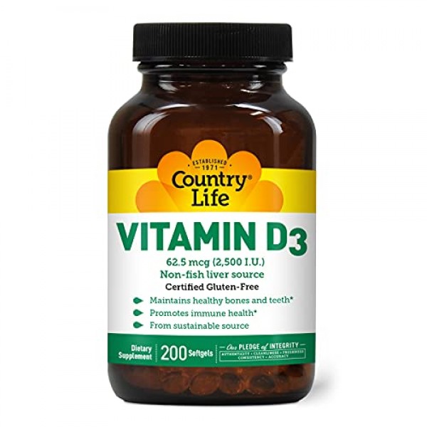 Country Life Vitamin D3 2500 IU - 200 Softgels - Promotes Immune ...