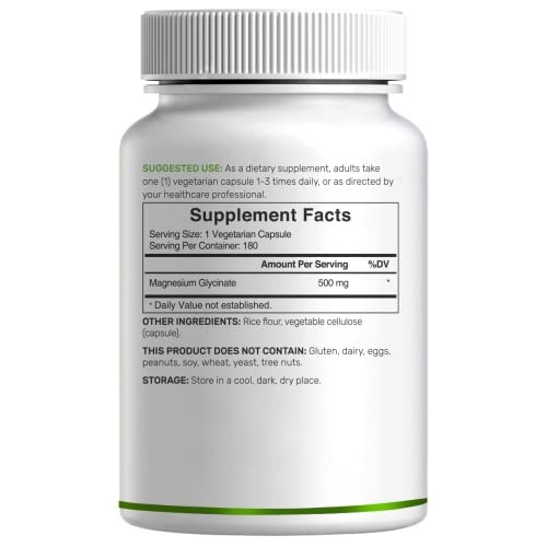 Magnesium Glycinate 500mg, 180 Veggie Capsules | Chelated for Eas...