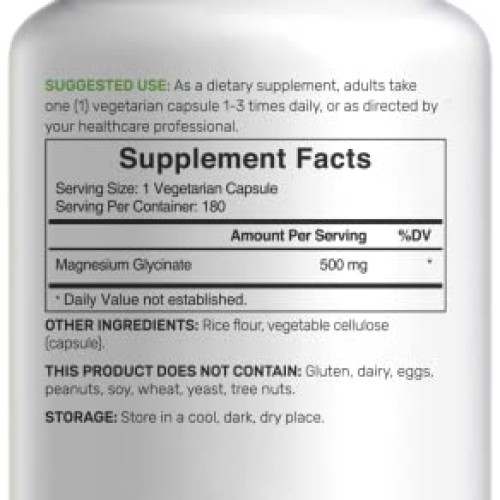 Magnesium Glycinate 500mg, 180 Veggie Capsules | Chelated for Eas...