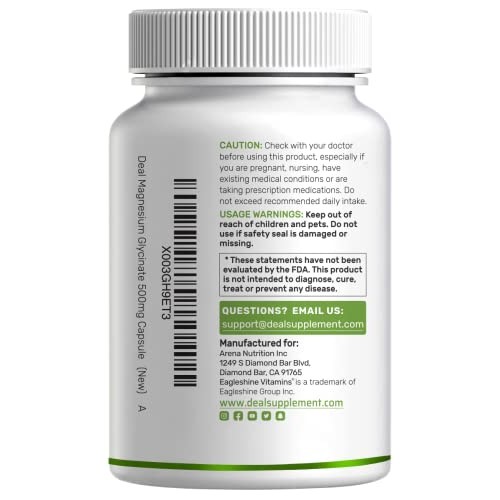 Magnesium Glycinate 500mg, 180 Veggie Capsules | Chelated for Eas...