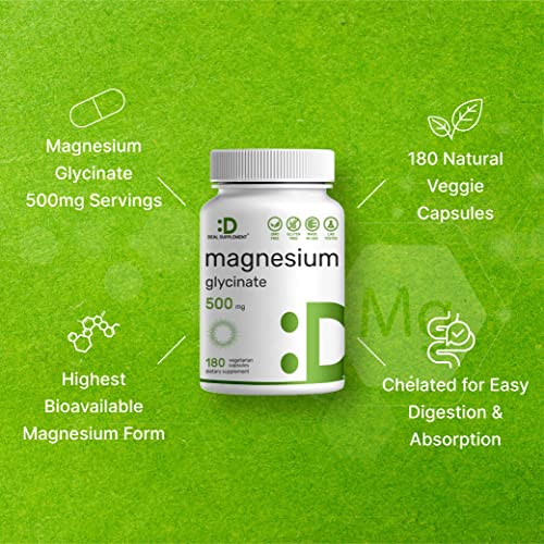 Magnesium Glycinate 500mg, 180 Veggie Capsules | Chelated for Eas...