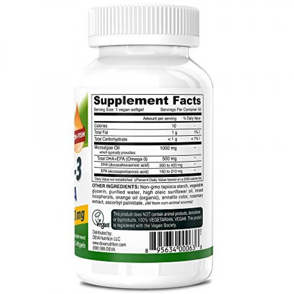 Deva Vegan Omega-3 DHA EPA Supplement - Once-Per-Day Softgel 500 ...