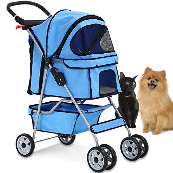 4 Wheels Pet Stroller Cat Dog Cage Stroller Travel Folding Carrie...