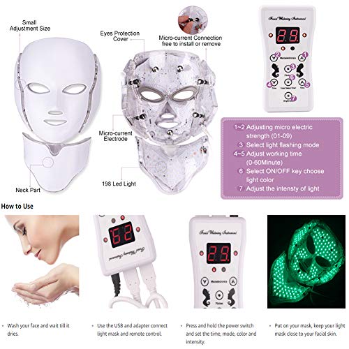 Led Face Light 7 Color Facial Skin Care Mask with Blue & Red Ligh...
