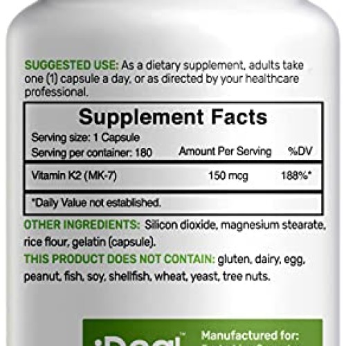 Eagleshine Vitamins Vitamin K2 MK-7 Menaquinone 150 mcg, 6 Months...