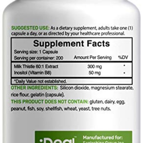 Milk Thistle Capsules - Milk Thistle Extract with Inositol, 200 C...