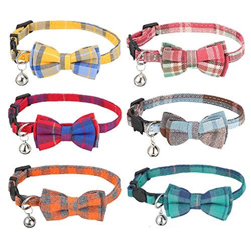 Inscape Data 6 Pack Cat Collars with Bowtie and Bell, Plaid Patte...