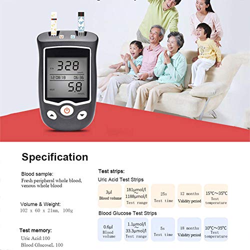 Blood Sugar Tester 2 in1 Blood Glucose and Uric Acid Meter LCD La...