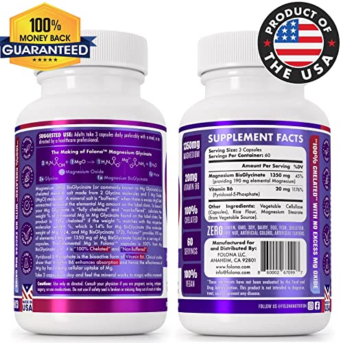 Folona Magnesium Glycinate with Vitamin B6 Research Proven to Enh...