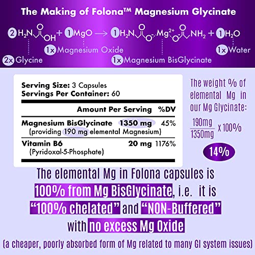Folona Magnesium Glycinate with Vitamin B6 Research Proven to Enh...