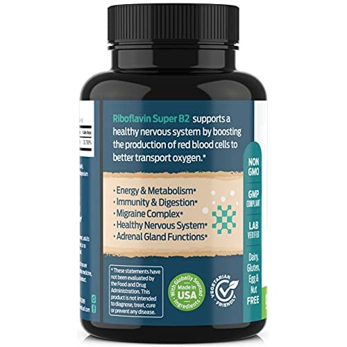 Vitamin B2 Riboflavin, 400mg - 90 Capsules - Promotes Healthier B...