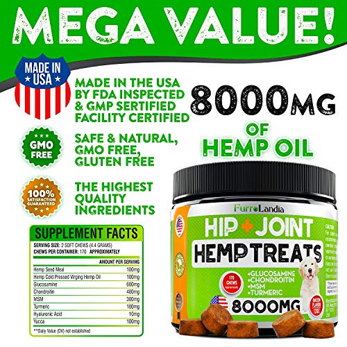 FurroLandia Hemp Hip & Joint Supplement for Dogs - 170 Soft Chews...