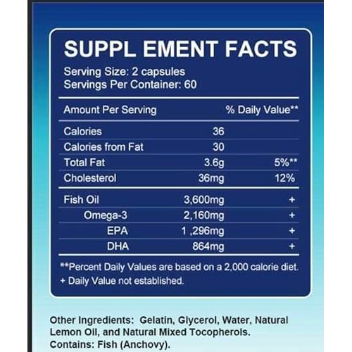 Triple Strength Omega 3 Fish Oil 3600mg + EPA 1296mg + DHA 864mg ...