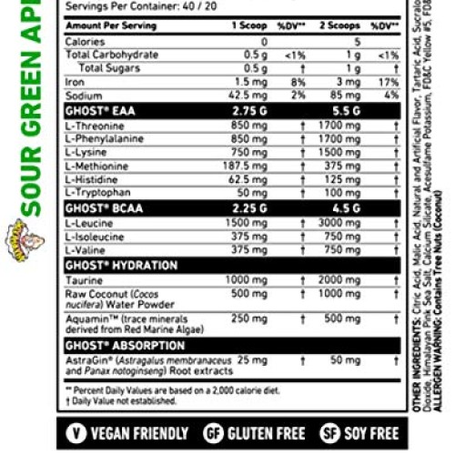 GHOST AMINO: Blue Raspberry 40 Serv Amino Acids - Vegan–Friendl...