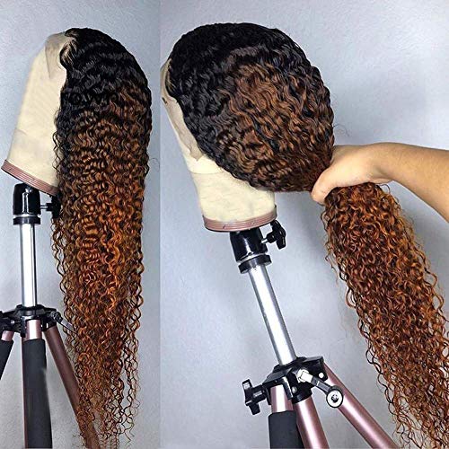 Ombre Brown Curly Wave Human Hair Wigs for Black Women 13X1 Lace ...