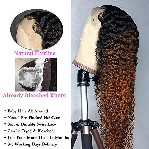 Ombre Brown Curly Wave Human Hair Wigs for Black Women 13X1 Lace ...