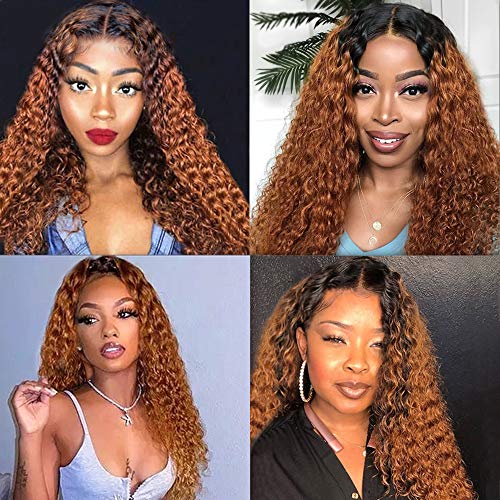 Ombre Brown Curly Wave Human Hair Wigs for Black Women 13X1 Lace ...