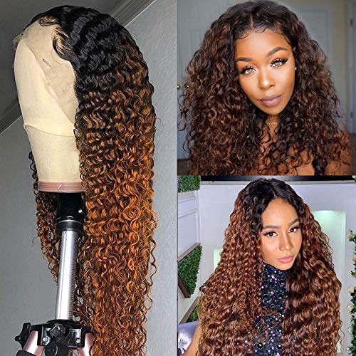 Ombre Brown Curly Wave Human Hair Wigs for Black Women 13X1 Lace ...