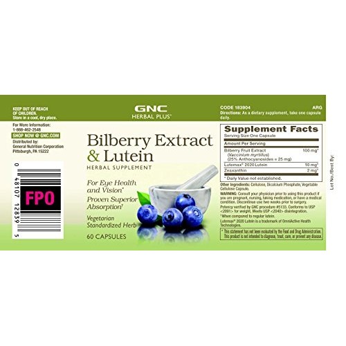 GNC Herbal Plus Bilberry Extract and Lutein, 60 Capsules, Herbs, ...
