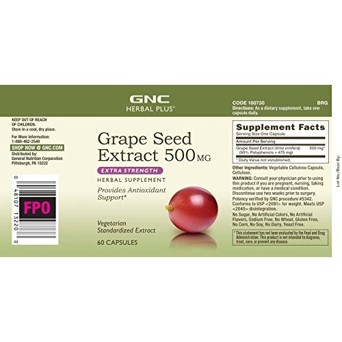 GNC Herbal Plus Grape Seed Extract 500mg - Extra Strength, 60 Cap...
