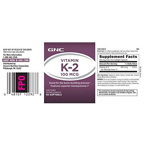GNC Vitamin K-2 100mcg, 60 Softgels, Good for The Bone-Building P...