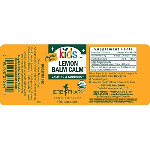 Herb Pharm Kids Certified-Organic Alcohol-Free Lemon Balm Calm Li...