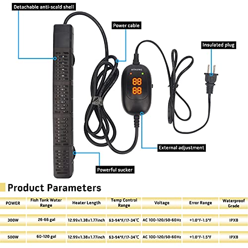 HiTauing Submersible Aquarium Heater, 300W/500W Fish Tank Heater ...