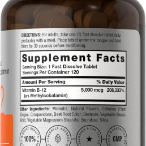 B12 Sublingual Methylcobalamin | 5000mcg | 120 Fast Dissolve Tabl...
