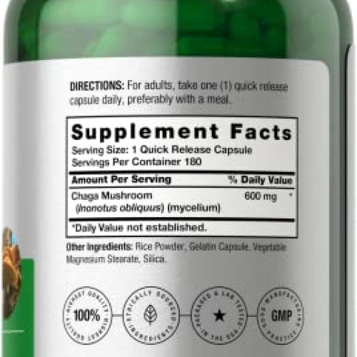 Chaga Mushroom Capsules | 180 Count | Non-GMO & Gluten Free Suppl...