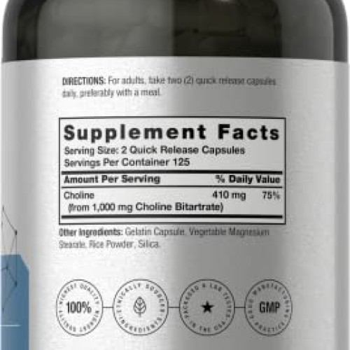 Choline Bitartrate | 1000mg | 250 Capsules | High Potency | Non-G...