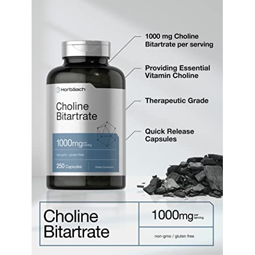 Choline Bitartrate | 1000mg | 250 Capsules | High Potency | Non-G...