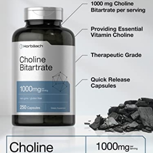 Choline Bitartrate | 1000mg | 250 Capsules | High Potency | Non-G...