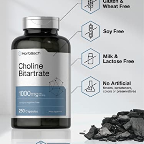 Choline Bitartrate | 1000mg | 250 Capsules | High Potency | Non-G...