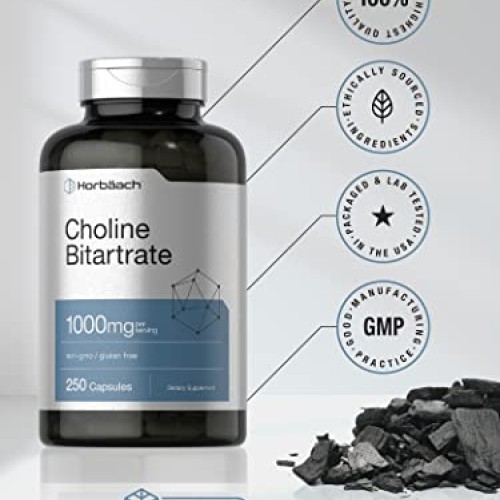 Choline Bitartrate | 1000mg | 250 Capsules | High Potency | Non-G...