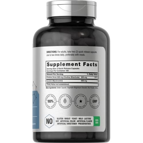 Choline Inositol 1000mg Supplement | 200 Capsules | Non-GMO, Glut...