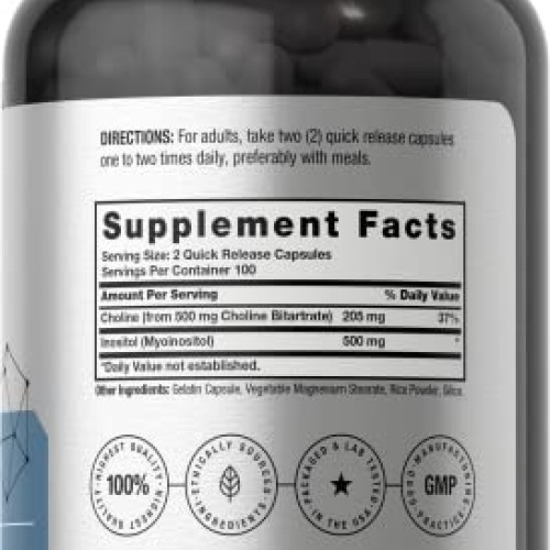 Choline Inositol 1000mg Supplement | 200 Capsules | Non-GMO, Glut...