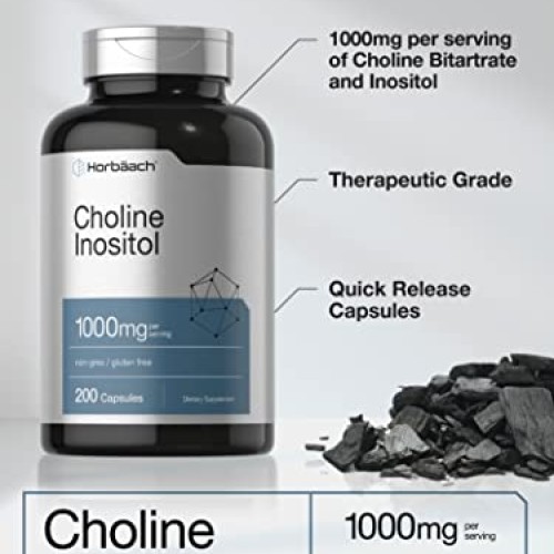 Choline Inositol 1000mg Supplement | 200 Capsules | Non-GMO, Glut...