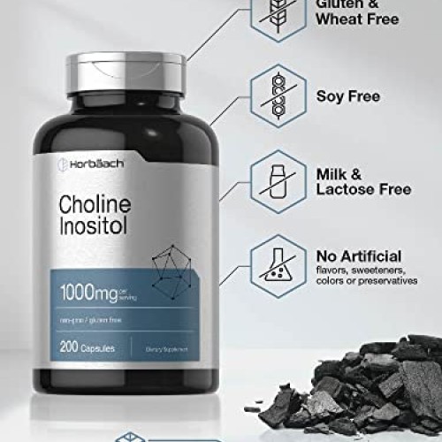 Choline Inositol 1000mg Supplement | 200 Capsules | Non-GMO, Glut...