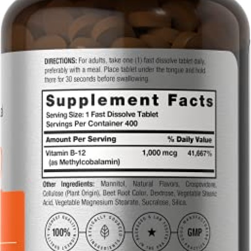 Vitamin B12 Sublingual 1000 mcg | 400 Fast Dissolve Tablets | Met...