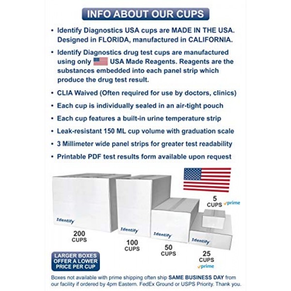50 Pack Identify Diagnostics USA 14 Panel Drug Test Cup with 6 Ad...