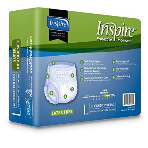 Inspire Adult Diaper Incontinence Underwear, Large, 72 count