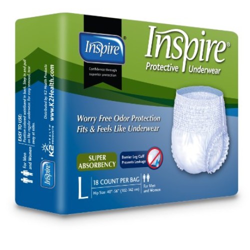 Inspire Adult Diaper Incontinence Underwear, Large, 72 count
