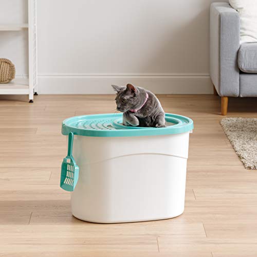 IRIS USA Tecl-20 Top Entry Cat Litter Box With Scoop, White/Seafo...