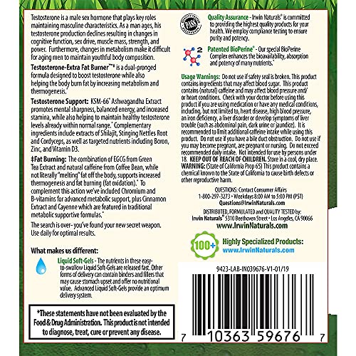 Irwin Naturals Testosterone-Extra Fat Burner, 60 Liquid Soft-Gels