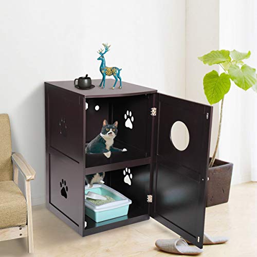 JAXPETY 2-Tier Wood Cat Litter Box Enclosure, Cat House,Cat Washr...
